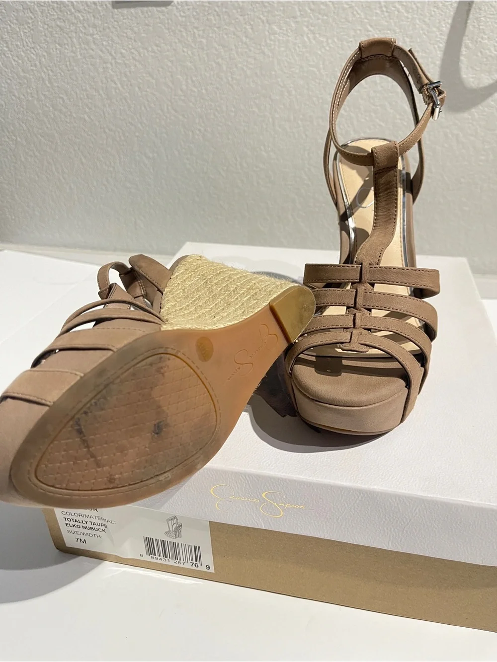 Jessica Simpson Taupe Strappy T‑Strap Platform Heels